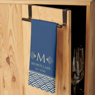 Navy Blue & Gold Art Deco Japanese Fan Customised Tea Towel