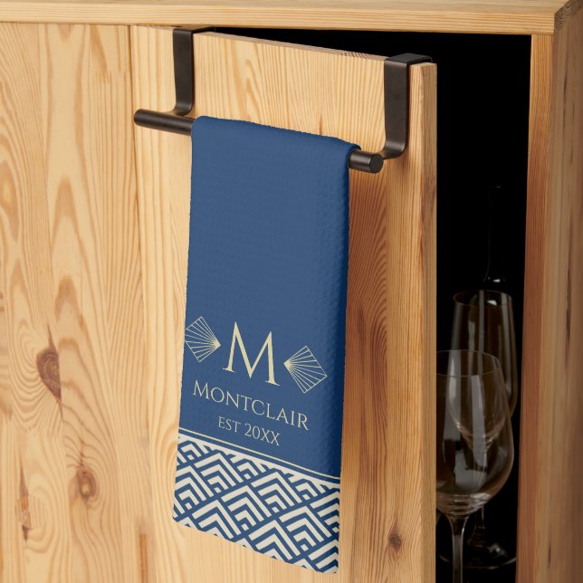 Navy Blue & Gold Art Deco Japanese Fan Customised Tea Towel (Thirds Fold)