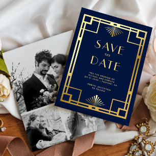 Navy Blue Gold Art Deco Photo Collage Wedding Save The Date