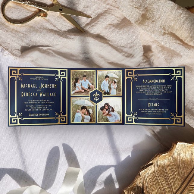 Navy Blue Gold Art Deco Photo Collage Wedding Tri-Fold Invitation (Creator Uploaded)