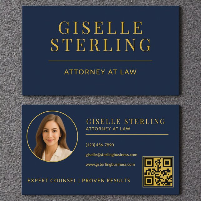 Navy Blue Gold Attorney at Law Photo QR Code Business Card (Creator Uploaded)