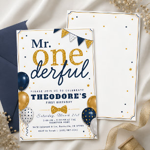Navy Blue Gold Baby Birthday Invitation