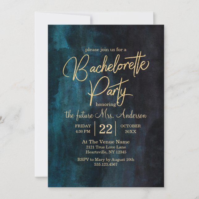 Navy Blue & Gold Bachelorette Party Invitation (Front)