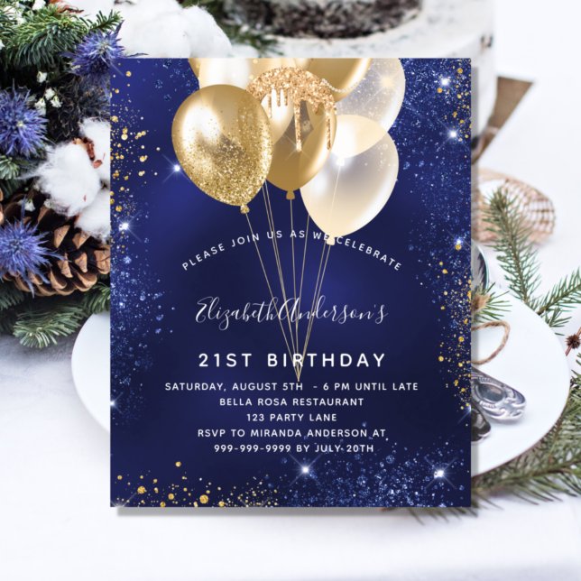 Navy blue gold balloon birthday invitation (Creator Uploaded)