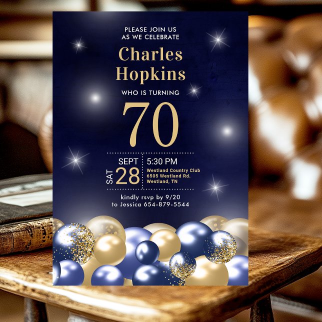 Navy Blue Gold Balloons 70th Birthday Party Invitation (Creator Uploaded)