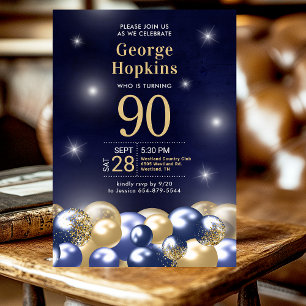Navy Blue Gold Balloons 90th Birthday Party  Invitation