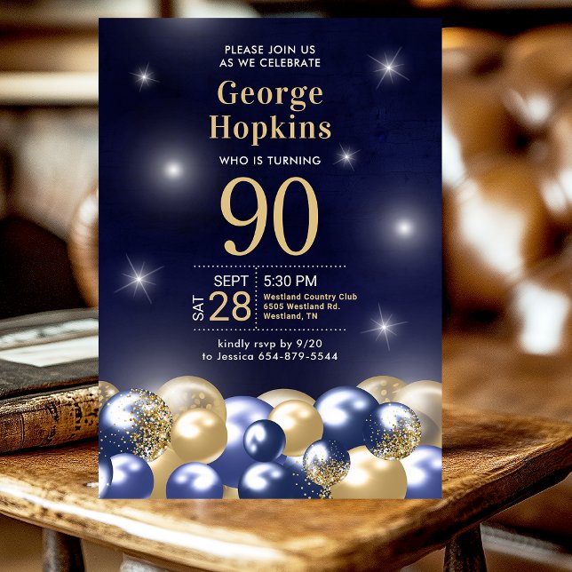 Navy Blue Gold Balloons 90th Birthday Party  Invitation (Creator Uploaded)