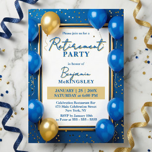 Navy Blue Gold Balloons Confetti Retirement Party Invitation