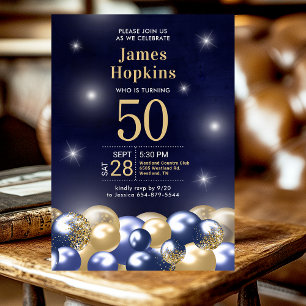 Navy Blue Gold Balloons Photo 50th Birthday Party Invitation
