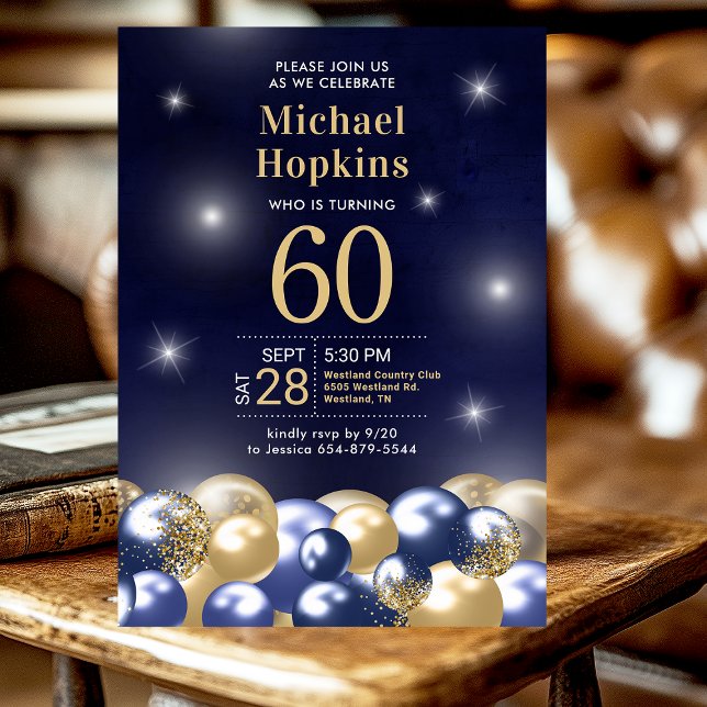Navy Blue Gold Balloons Photo 60th Birthday Party Invitation (Creator Uploaded)