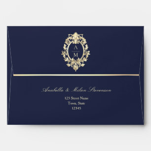 Navy Blue Gold Baroque Wedding Envelope