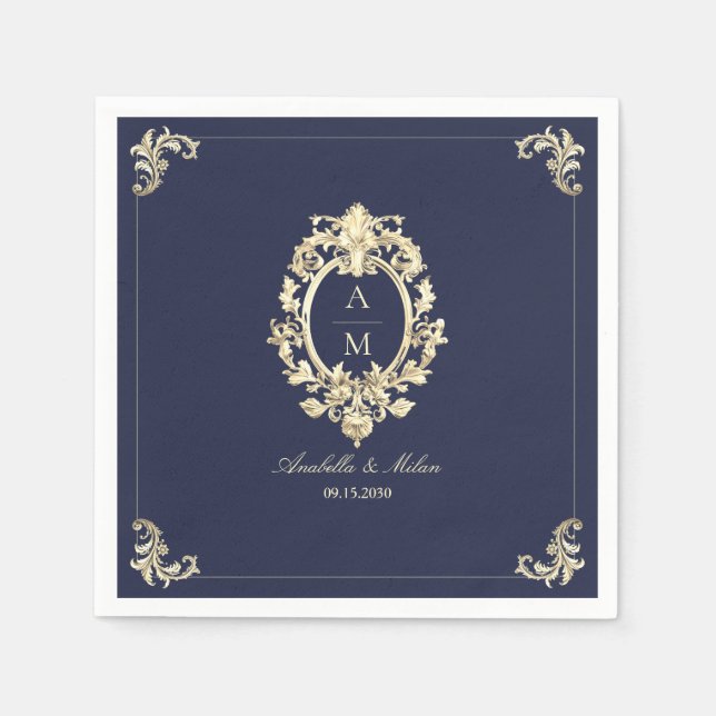 Navy Blue Gold Baroque Wedding Napkin (Front)