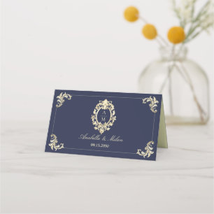 Navy Blue Gold Baroque Wedding Place Card