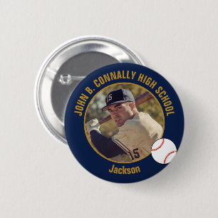 Navy Blue Gold Baseball Player Photo High School 6 Cm Round Badge