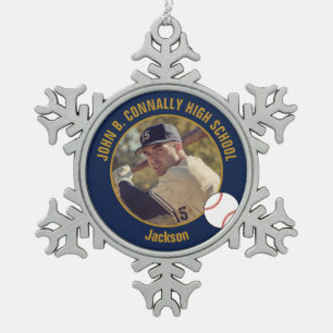 Navy Blue Gold Baseball Player Photo High School Snowflake Pewter Christmas Ornament