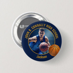 Navy Blue Gold Basketball Player Photo High School 6 Cm Round Badge