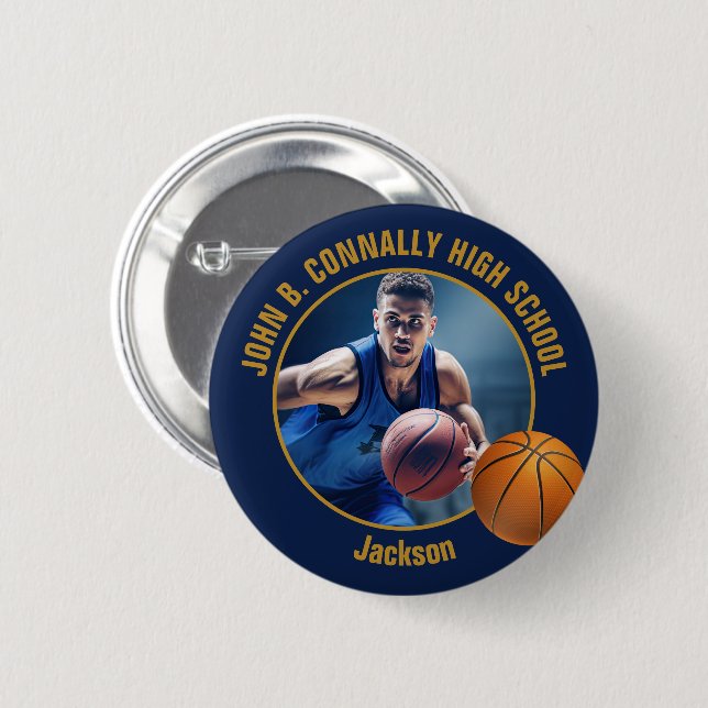 Navy Blue Gold Basketball Player Photo High School 6 Cm Round Badge (Front & Back)
