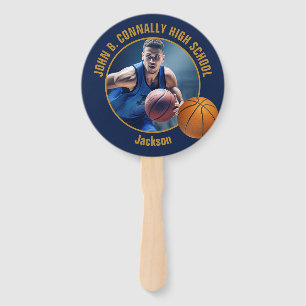 Navy Blue Gold Basketball Player Photo High School Hand Fan