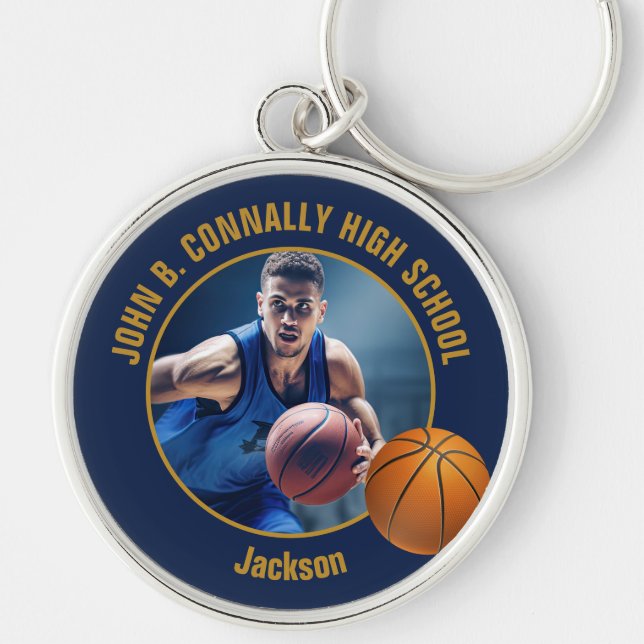 Navy Blue Gold Basketball Player Photo Key Ring (Front)