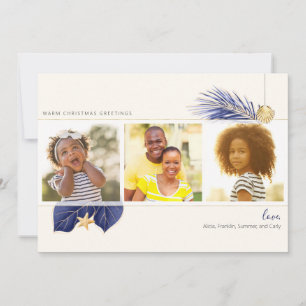 Navy Blue & Gold Beach Tropical Greenery 3-Photo Holiday Card