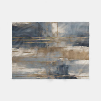 Navy Blue Gold Beige Abstract Watercolor Fleece Blanket
