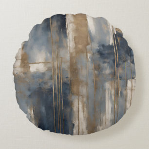 Navy Blue Gold Beige Abstract Watercolor Round Cushion