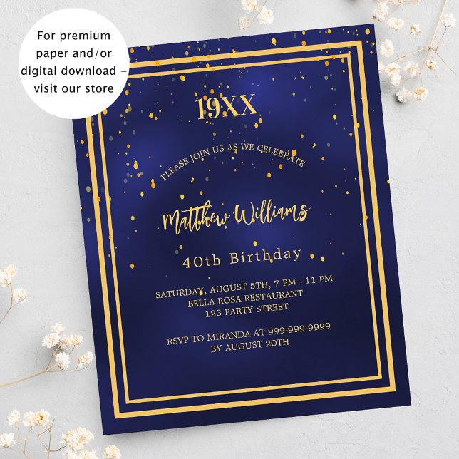 Navy blue gold birthday party budget invitation (Creator Uploaded)
