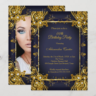 Navy Blue Gold Birthday Party Photo Diamond gem Invitation