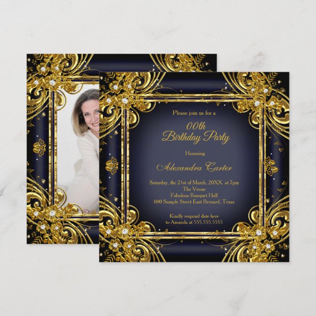 Navy Blue Gold Birthday Party Photo Diamond Invitation (Front/Back)