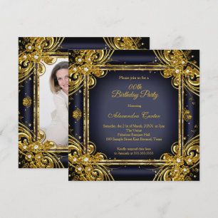 Navy Blue Gold Birthday Party Photo Diamond Invitation