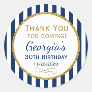 Navy Blue Gold Birthday Thank You Coming Favour Classic Round Sticker