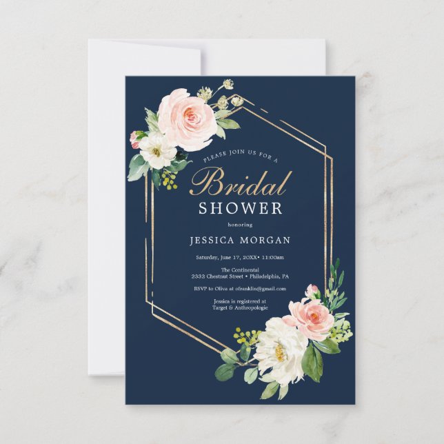 Navy Blue Gold Blush Bridal Shower Invitation Card (Front)