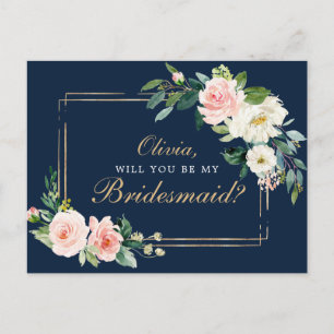 Navy Blue Gold Blush Bridesmaid Proposal Card