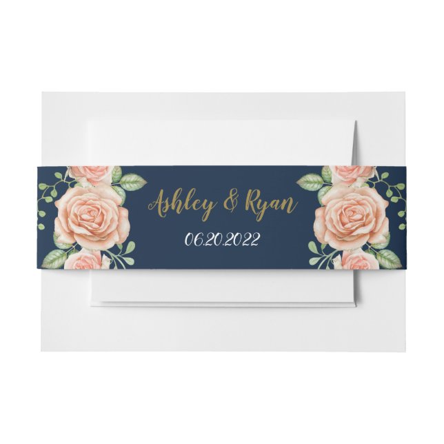 Navy Blue Gold Blush Floral  Invitation Belly Band (Front Example)