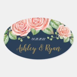 Navy Blue Gold Blush Floral  Oval Sticker