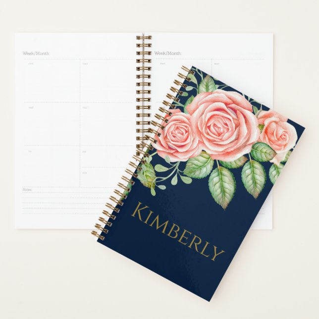 Navy Blue Gold Blush Floral Personalised  Planner (Display)