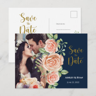 Navy Blue Gold Blush Floral Save the Date Announcement Postcard