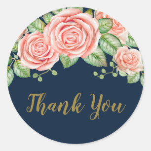 Navy Blue Gold Blush Floral Thank You  Classic Round Sticker