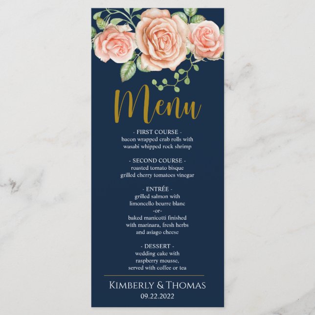 Navy Blue Gold Blush Floral Wedding Dinner Menu (Front)