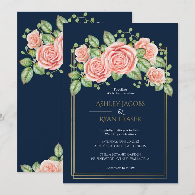 Navy Blue Gold Blush Floral Wedding Invitation (Front/Back)
