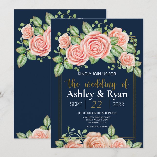 Navy Blue Gold Blush Floral Wedding Invitation  (Front/Back)
