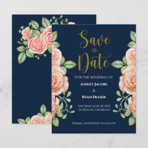 Navy Blue Gold Blush Floral Wedding Save the Date