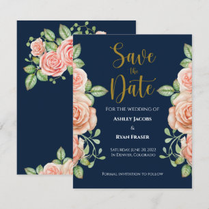 Navy Blue Gold Blush Floral Wedding Save the Date