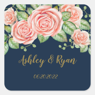 Navy Blue Gold Blush Floral Wedding Square Sticker