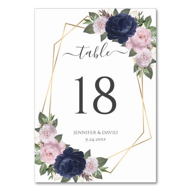Navy Blue Gold Blush Floral Wedding Table Number (Front)