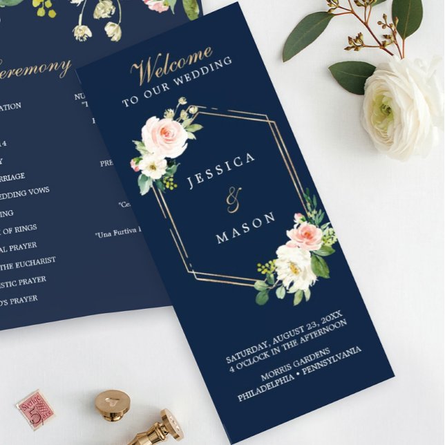 Navy Blue Gold Blush Folded Wedding Program Photo Flyer (Creator Uploaded)