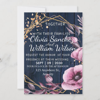 Navy Blue Gold Blush Pink Country Wedding Invitation