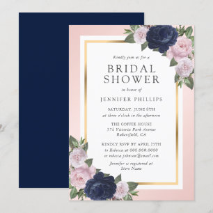 Navy Blue Gold Blush Pink Floral Bridal Shower Invitation