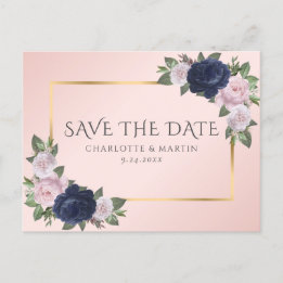 Navy Blue Gold Blush Pink Floral Save The Date Announcement Postcard