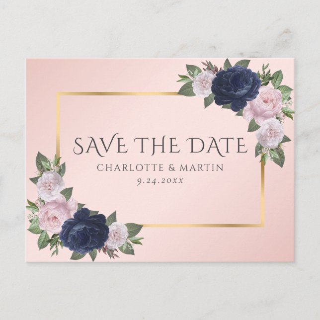 Navy Blue Gold Blush Pink Floral Save The Date Announcement Postcard (Front)